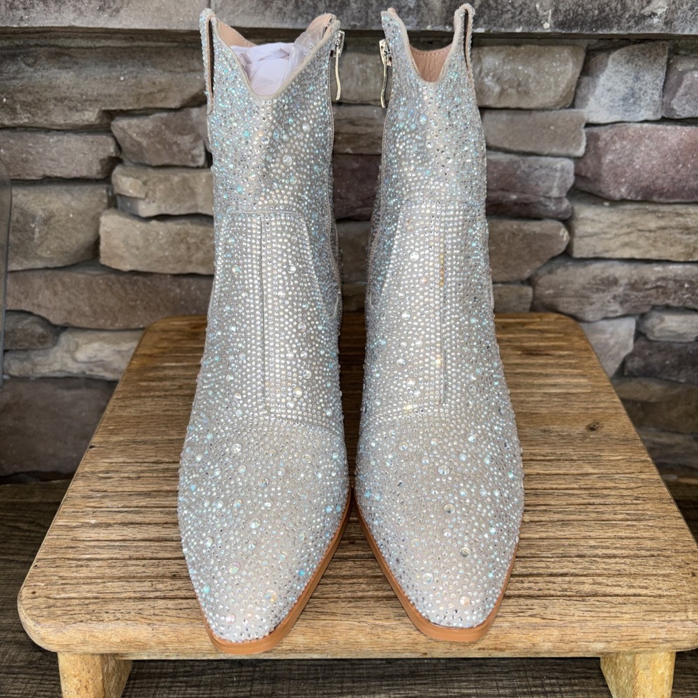 Goserce Silver Glitter Ankle Boots Women's  8  Sparkly Block Heel Zip Booties